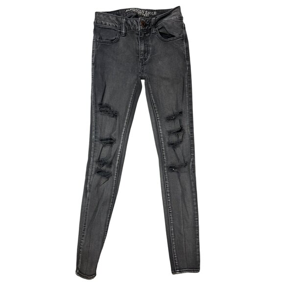 (6 for $25) AE Super Stretch Ripped Distressed Jegging in Washed‎ Black Size 00 - Picture 1 of 7